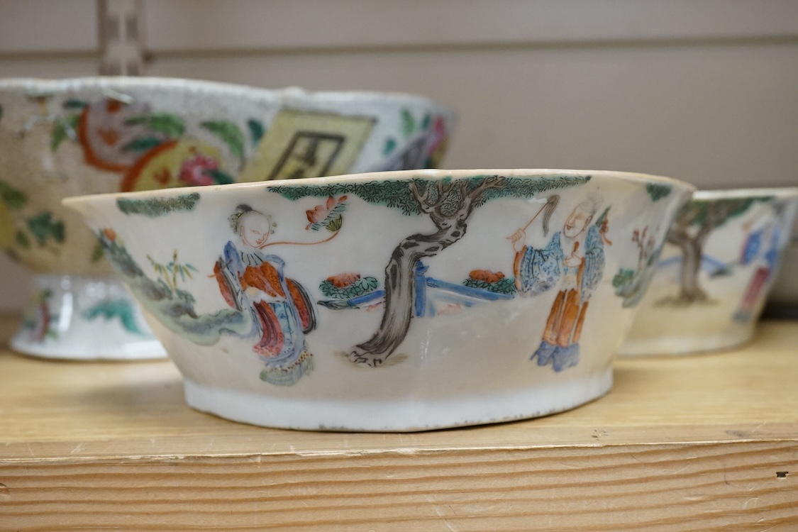 A pair of Chinese famille verte dishes, early 18th century and three 19th century Chinese bowls to include a crackle glazed example, largest 25cm wide